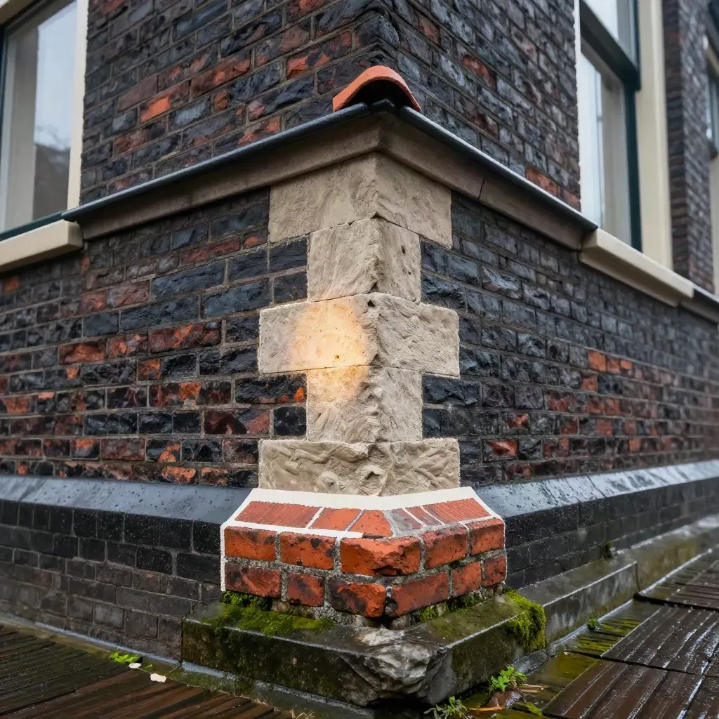 Gerepareerde monumentgevel met voegwerk, dakpanstaal en vochtige baksteen na regen.