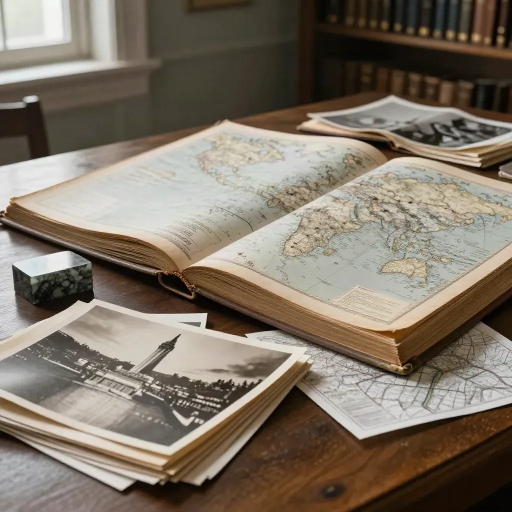 Archiefonderzoek met atlas, sepia foto’s en bronnen in een stille leeszaal.