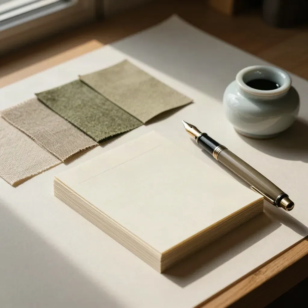 Bovenaanzicht van indexkaarten, vulpen, boeklinnen en porseleinen inktpot op licht eiken blad.