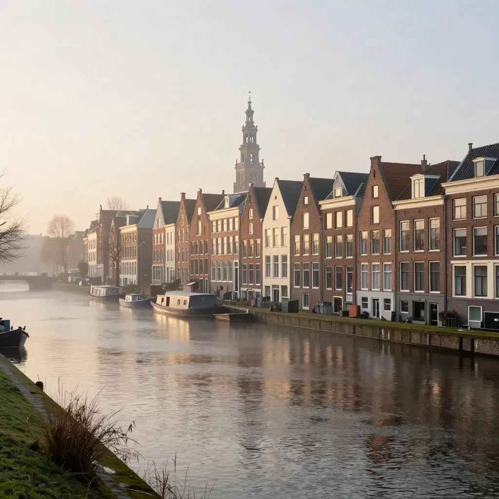 Amsterdamse grachten en een kerktoren in ochtendmist boven stil water in Noord-Holland.