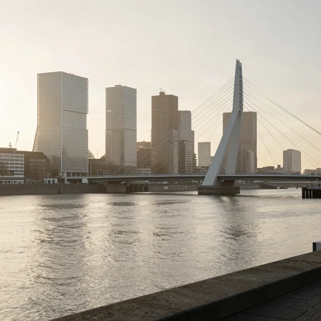 Rotterdamse skyline met Erasmusbrug in gouden nevel boven rustig havenwater